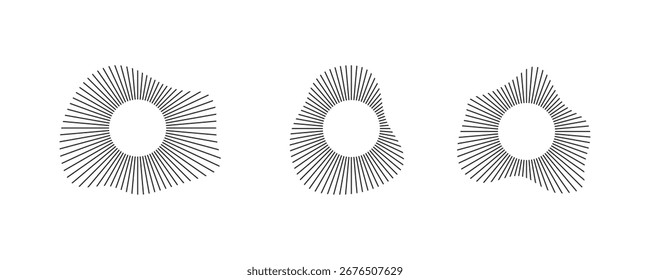 Líneas de sonido de onda radial. Marco circular. Anillo de círculo sonoro. Marco circular. Forma redonda. Partículas concéntricas negras radiales. Símbolo de rayos solares radiales. Ilustración vectorial