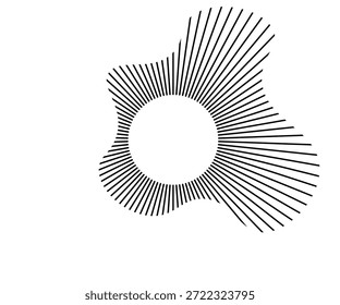 Linhas sonoras de ondas radiais. Quadro circular. Anel de círculo de som. Quadro arredondado ondulado. Símbolo de raios solares radiais. Silhueta geométrica ondulada. Elemento de design abstrato. Ilustração vetorial sobre fundo branco. 