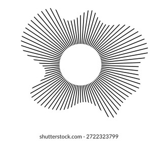 Linhas sonoras de ondas radiais. Quadro circular. Anel de círculo de som. Quadro arredondado ondulado. Símbolo de raios solares radiais. Silhueta geométrica ondulada. Elemento de design abstrato. Ilustração vetorial sobre fundo branco. 