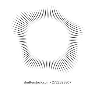 Linhas sonoras de ondas radiais. Quadro circular. Anel de círculo de som. Quadro arredondado ondulado. Símbolo de raios solares radiais. Silhueta geométrica ondulada. Elemento de design abstrato. Ilustração vetorial sobre fundo branco. 