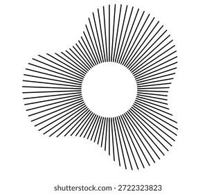 Linhas sonoras de ondas radiais. Quadro circular. Anel de círculo de som. Quadro arredondado ondulado. Símbolo de raios solares radiais. Silhueta geométrica ondulada. Elemento de design abstrato. Ilustração vetorial sobre fundo branco. 