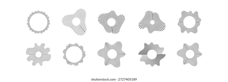 Líneas de sonido de onda radial. Ondas de sonido circulares, que representan música de audio, iconos y logotipos para ecualizadores, diseños de espectro radial, patrones de anillo. Ilustraciones vectoriales aisladas sobre fondo blanco.