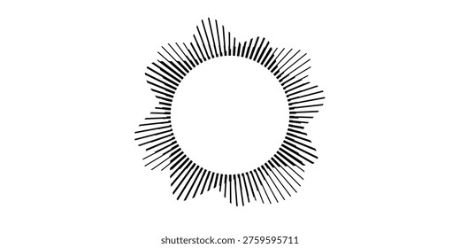 Radial wave sound lines. Circular frame. Sound circle ring. Wavy roun frame. Radial sun rays symbol. Wavy geometric silhouette. Abstract design element. Vector illustration on white background.