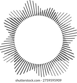 Radial wave sound lines. Circular frame. Sound circle ring. Wavy roun frame. Radial sun rays symbol. Wavy geometric silhouette. Abstract design element. Vector illustration on white background.
