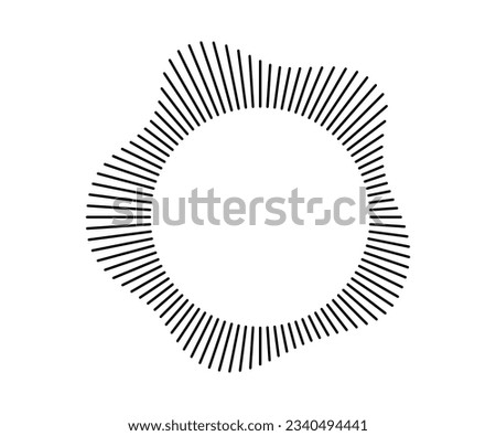 Radial wave sound lines. Circular frame. Sound circle ring. Wavy roun frame. Radial sun rays symbol. Wavy geometric silhouette. Abstract design element. Vector illustration on white background.