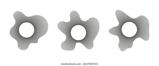 Radial wavy frames. Circular waves. Sound lines patterns. Sound circle rings. Radial rays. Trendy design elements. Equalizer logotype icons, radial spectrum. Voice flat symbol. Depicting audio music.