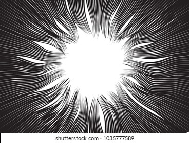 Radial wavy lines for comic books. Manga speed frame, superhero action, explosion background. Black and white vector illustration
