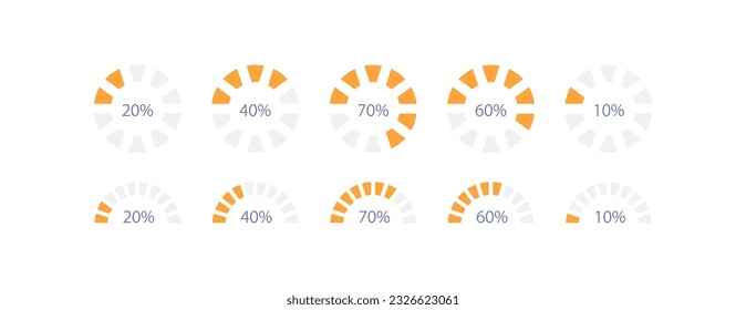 Radial wheel progress infographic chart design template set. Loading circle. Percentage values. Visual data presentation. Editable circular diagrams collection. Myriad Pro-Bold, Regular fonts used