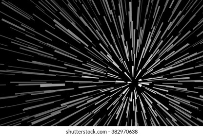 Radial white concentric particles black background Sun ray star burst element Zoom effect Rectangle fight stamp for card Space light trail Superhero frame Explosion vector illustration 