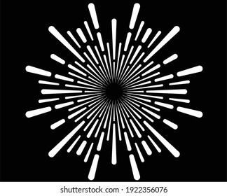  Radial white speed lines in round form. Vector illustration. Fireworks. Star rays. Explosion. Design element for prints, web, template, logo, tattoo and pattern. Trendy design element