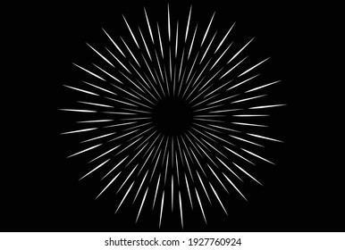 Radial white speed lines in round form. Vector illustration. Fireworks. Star rays. Explosion. Design element for prints, web, template, logo, tattoo and pattern. Trendy design element