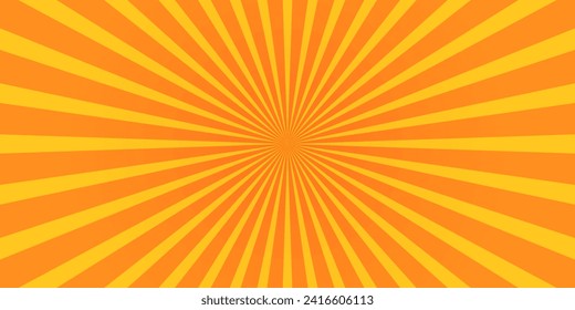 Radial yellow and orange stripes horizontal background. Sunburst, starburst, sunshine, sunrise pattern. Surprise, speed, flash or explosion cartoon effect. Pop art wallpaper. Vector flat illustration