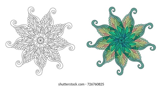 Radial zentangle mandala with 9 sides. Adult coloring book page. Zendoodle circular illustration,
