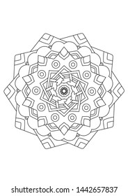 Radial zentangle mandala adult coloring book page. Zendoodle circular black and white outline illustration. 