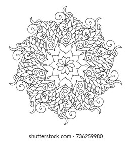 Radial zentangle mandala adult coloring book page. Zendoodle circular black and white outline  illustration.