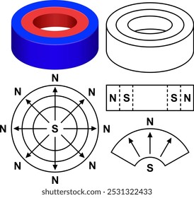 Un imán radialmente magnetizado. Un imán permanente donde la magnetización se dirige radialmente, lo que significa que los polos magnéticos se encuentran en las superficies interna y externa de un anillo o disco.