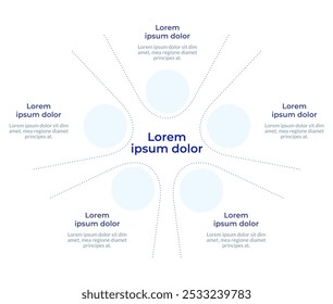 Radially structured infographic flowchart. Analysis overview diagram. Process planning. Visualization diagram with 5 steps. Circular info graphic editable
