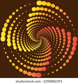 Líneas de puntos de gradiente giradas radialmente que hacen un elemento como una flor en fondo marrón oscuro, diseño vectorial para logo, afiches, presentaciones, volantes, portadas de libros, textiles  