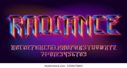 Tipo de letra del alfabeto de radiancia. Letras 3d brillantes y números al estilo de metal pesado. Escritura retro para tu diseño de tipografía.