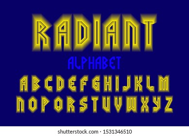 Radiant alphabet with yellow neon glow. Luminous volumetric font. Isolated english alphabet.