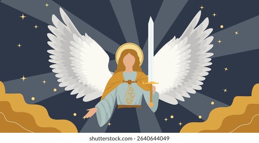 Radiant Angel Illustration with Staff and Golden Accents
