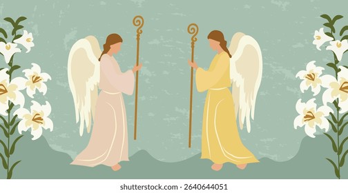 Radiant Angel Illustration with Staff and Golden Accents