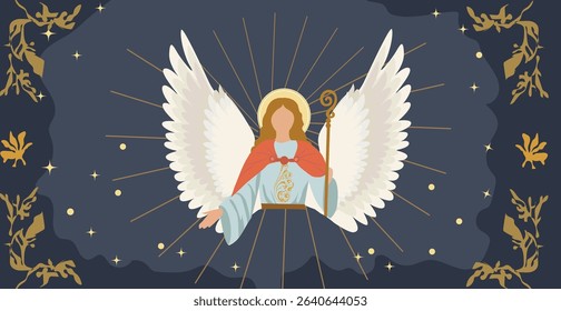 Radiant Angel Illustration with Staff and Golden Accents