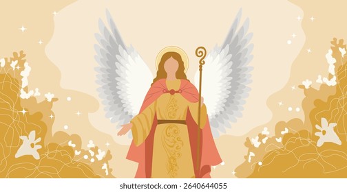 Radiant Angel Illustration with Staff and Golden Accents