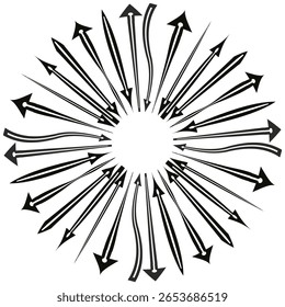 Radiant arrow burst. Circular pointer star. Dynamic radial Vector. Black motion symbol. EPS 10.