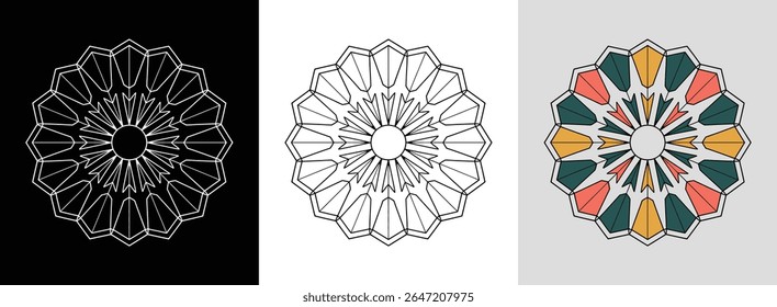 Mandala de ponta de seta radiante com hexágonos e triângulos entrelaçados para decoração em negrito.