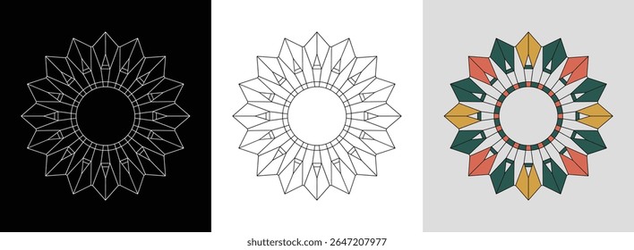 Mandala de ponta de seta radiante com hexágonos e triângulos interligados para uma decoração vibrante.