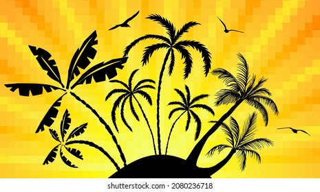 A radiant backdrop with palm trees and seagulls. Vector illustration