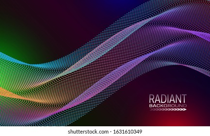 Radiant background design with multicoloured dots and lines stream. Abstract banner template.