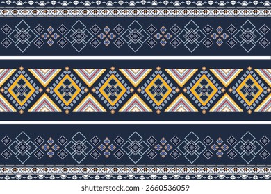 Leuchtbänder des Gedächtnisses Ein lebendiges geometrisches Textilmuster mit symmetrischen Diamantmotiven in geschichteten Farbbändern.
