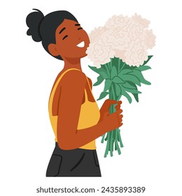 Radiant Black Woman Character Cradling A Lush Bouquet Of Vibrant White Flowers, Exudes Joy. Her Eyes Sparkle, Reflecting The Beauty And Fragrance Clasped In Her Embrace. Cartoon Vector Illustration