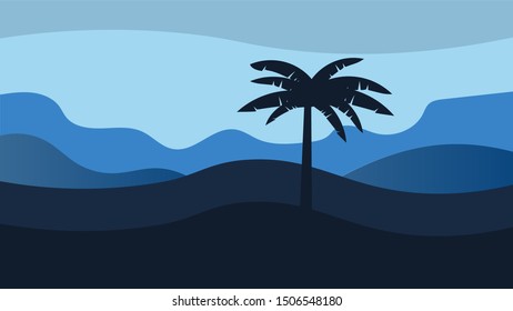 Radiant blue background with mountains and palm tree landscape