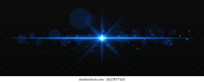 Radiant blue burst with glowing star flare and soft bokeh particles on transparent dark background. Perfect for light effects, overlays, and design highlights
