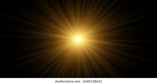 Radiant burst of golden light with glowing rays and soft sparkling particles isolated on black background. Shining star with explosion and flying dust. Vector illustration.