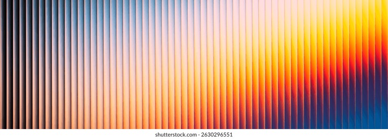 Radiant calm sunset gradient flows through vertical lines. Colorful ribbed fractal glass pattern shimmers with energy of summer warmth and joy blend into smooth lively shades. Vector illustration
