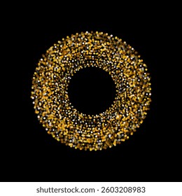 Radiant circular frame made of golden and white glowing particles on black background. The shimmering, confetti-like dots create a luxurious, festive, and elegant abstract composition.