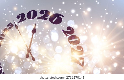 Reloj radiante con luces brillantes que marcan la cuenta atrás para 2026. Ilustración vectorial para las celebraciones del Año Nuevo.