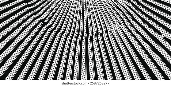Radiant Convergence, Lines and Texture, Abstract black and white striped metal grid pattern with textured steel surface.