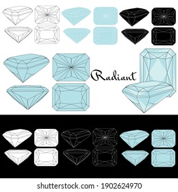 Radiant cut. Cutting gems stones. Types of diamond cut. Four sides of jewelry with facets for background, carving and coloring. Black, white and color variants. 
