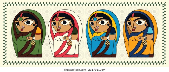 Radiant Eleganz: Kalighat Art mit einer grässlichen Dame in einem lebendigen Saree. Kalighat Malerei, Zeitgenössische Kunst, Indische Gemälde, Wandgemälde, moderne Kunstmalereien. 