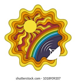 Radiant energy concept with sun, rainbow and satellite ground station . Types of energy, part 3. Science for kids. Paper cut out style vector illustration. 