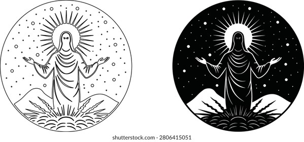 Radiant figure in circular halo with rays of light, surrounded by mountains, representing spiritual enlightenment.
