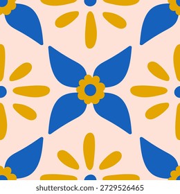 Quadrado da Flor Popular Radiante. Padrão ornamental sem costura com simetria florescente, inspiração cerâmica do sul, ilustração de vetor de azulejos decorativos
