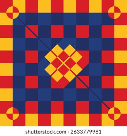 Radiant Geometric Fusion Checkerboard Border, Central Diamond, and Dual-Tone Circles
