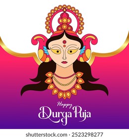 Radiant Goddess Durga Prominent Face Adorned with Jewelry and Crown, Expressive Eyes Signifying Power, Surrounded by a Joyful Garland and Happy Durga Puja