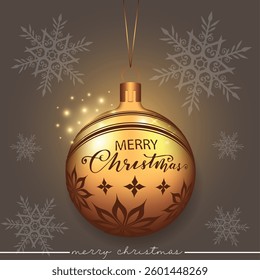 A radiant gold bauble adorned with a Christmas message and a floral pattern, resting on a snowflake backdrop.